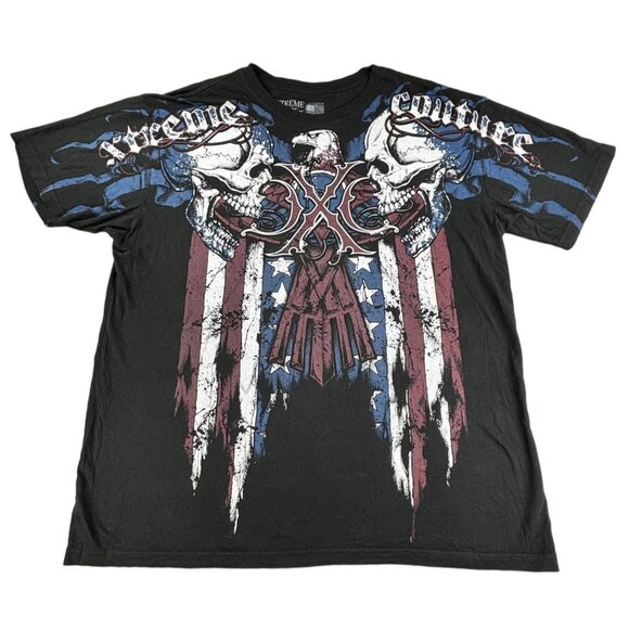 Xtreme Couture Affliction Tee 2XL USA Skull & Eagle Biker Y2K Grunge 2 Sided - Picture 1 of 8